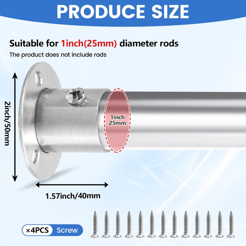 Geesatis 4PCS Total Height 1.57" Fit Diameter 1.0" Pipes High Flange Holder Rod Stainless Steel for Wardrobe Ceiling Mounting Bracket, with Screws - Image 2